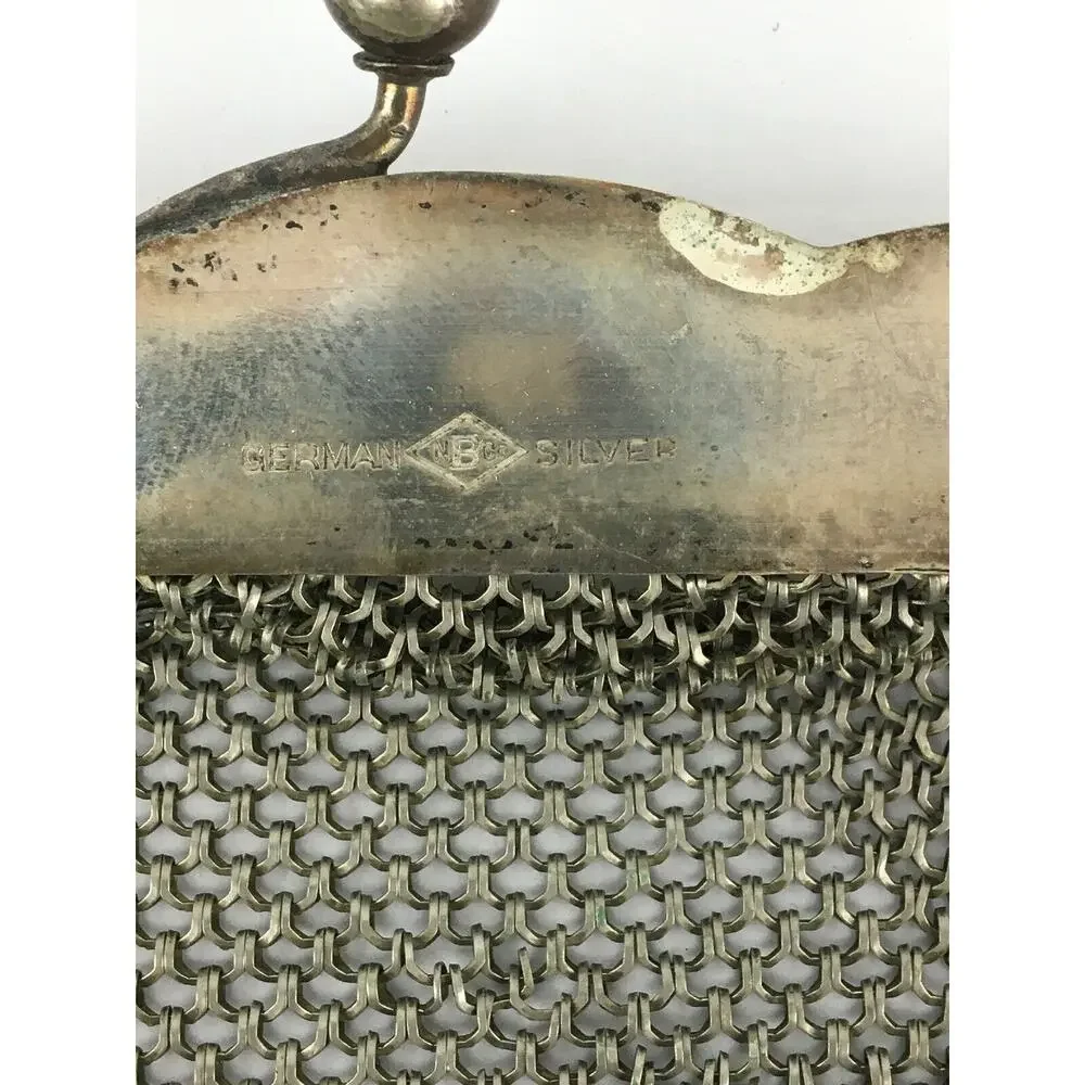 Antique Signed‎ German Silver Mesh Purse Bag Ornate Frame Dangles NB Co Flapper